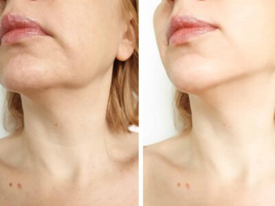 woman tightening the chin before and after the procedure