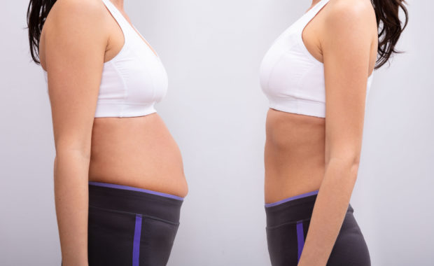 Side View Of Before And After Concept Showing Fat To Slim Woman On Grey Background