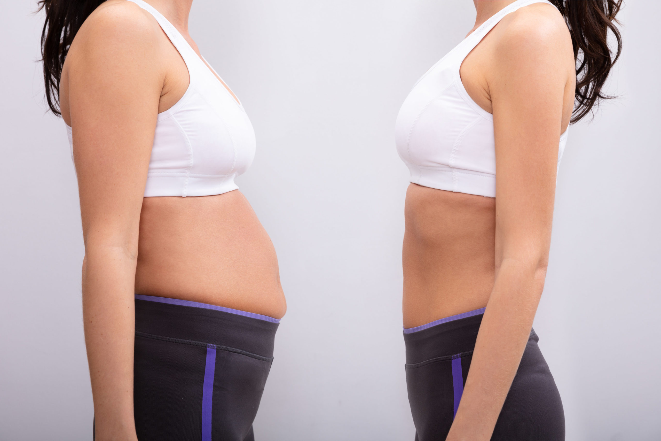 Side View Of Before And After Concept Showing Fat To Slim Woman On Grey Background