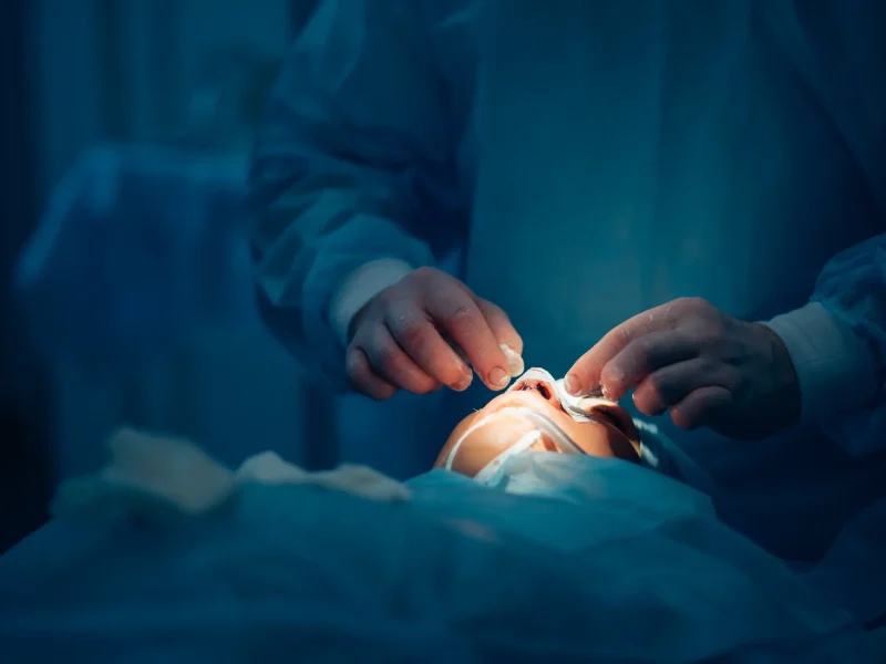 plastic surgeon performing nose job in operating room